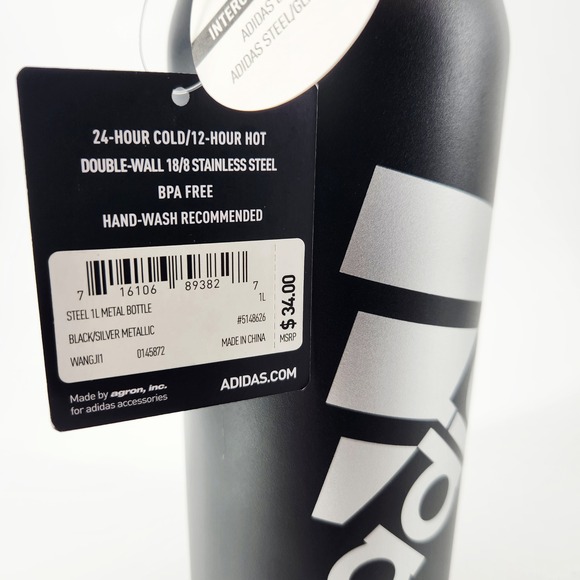 Adidas Stainless Steel 1L Metal Water Bottle Black Silver New Tagged - Picture 2 of 4